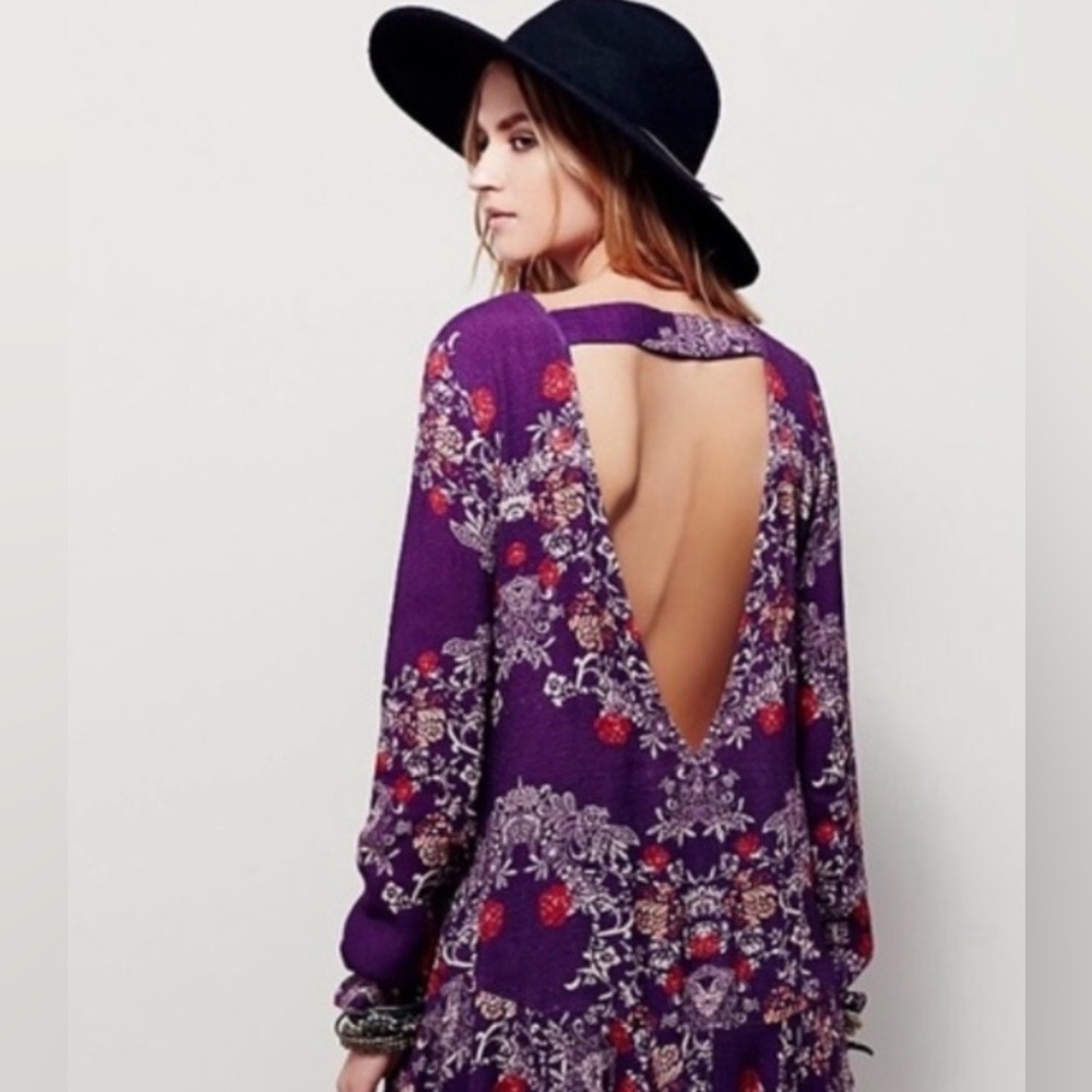 FREE PEOPLE | Purple Smooth Talker Floral Print Open Back Tunic Top Sz. Small - Picture 4 of 5